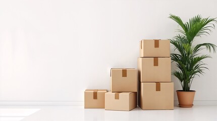 Moving Day Arrangement: A neatly arranged stack of cardboard boxes, symbolizing transition and new beginnings, stands alongside a potted plant against a pristine wall.