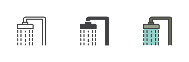 Shower head icon set in line, solid and filled outline style