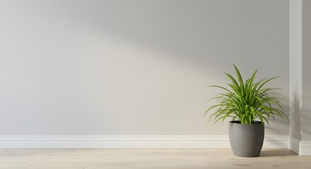 Fototapeta premium Minimalist Home Decor Simple Plant in Gray Pot Against Neutral Wall