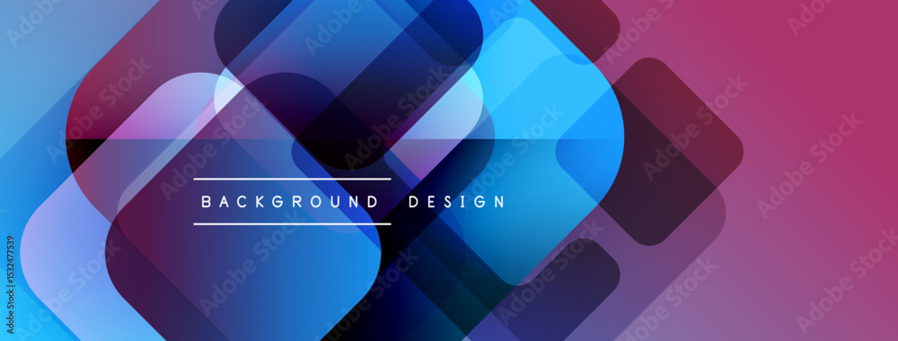 Poster abstract geometric shapes overlap. blue, purple hues dominate design. modern aesthetic, gradient eff