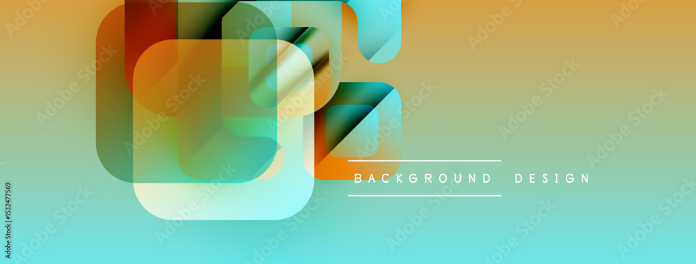 Poster Abstract geometric shapes overlap, creating vibrant gradient background. Modern design elements suggest innovation, fluidity.