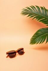 Sunglasses and Palm Fronds: Stylish sunglasses rest against pastel backdrop, with tropical palm fronds adding touch of summer, evoking leisurely getaway vibe.