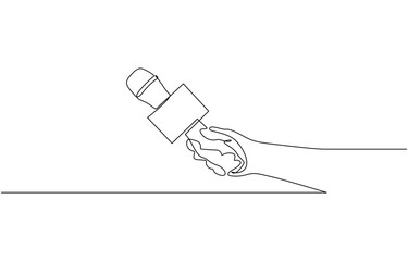 Hands holding news microphone in continuous one line drawing style. Journalist, reporter concept. Continuous one line drawing of hand holding news microphone. Editable line.