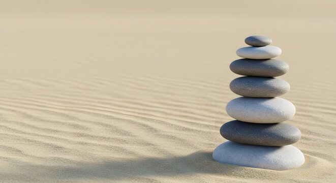 A balanced stack of grey and white stones rests serenely on a sandy dune.
