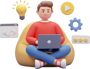 Man working on laptop 3D illustration coding idea play settings rating symbols
