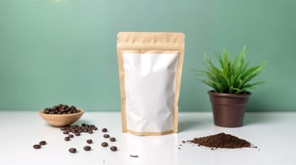 Fresh Brew Bliss: An inviting tableau features a coffee bag set, with a vibrant splash of nature. Discover the essence of a perfect blend, ideal for design inspiration.