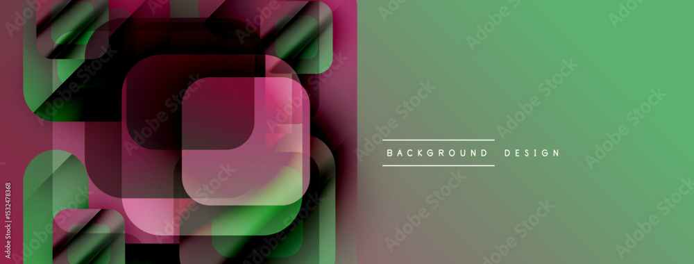 Poster Abstract geometric design. Overlapping squares, rectangles create layered effect. Green, pink hues dominate composition. Modern visual style.
