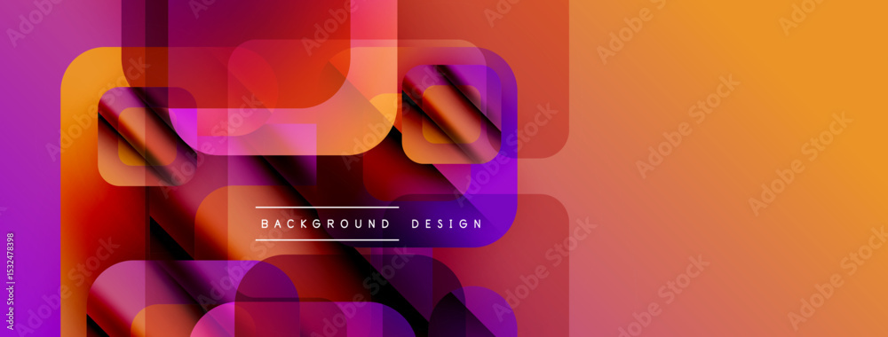 Poster abstract geometric shapes overlap, creating vibrant gradient effect. orange, purple hues dominate de