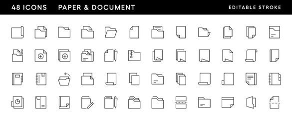 Paper and document icon collection. File, folder, page, paperwork, blank, sheet, attachment, clipboard and more. Editable stroke. Pixel Perfect. Grid base 32 x 32.