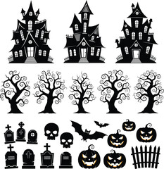 Spooky Halloween Silhouettes Featuring Haunted Houses, Trees, and Classic Symbols