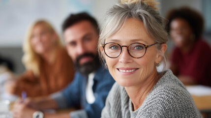 Fototapeta premium Smiling woman attending an adult education class with peers in the background