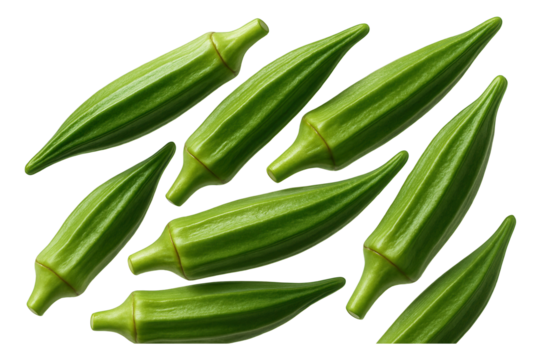 Fresh green okra pods arranged in a pattern showcasing their elongated shape and texture.