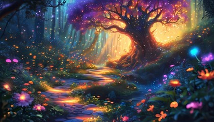 Fototapeta premium Enchanting fantasy landscape with glowing tree magical forest path digital art vibrant colors dreamy atmosphere nature's beauty