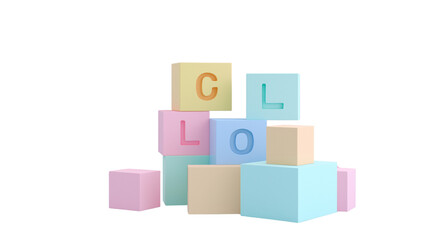 3D ABC blocks, minimal design with soft shadows, pastel color scheme, PNG