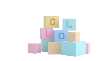 3D ABC blocks, minimal design with soft shadows, pastel color scheme, PNG