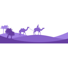 Islamic silhouette landscape with camel, palm tree, mosque in desert and sand. Background illustration for ramadhan, eid mubarak. Vector isolated