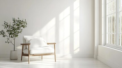 A minimalist, bright room features a wooden armchair with white cushions beside a potted plant, illuminated by sunlight from large windows.