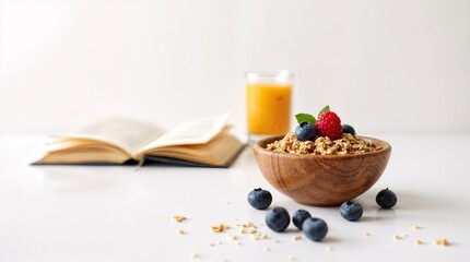 Morning Ritual: A bowl of granola with fresh berries and a glass of orange juice sits beside an open book, suggesting a peaceful and healthy start to the day.