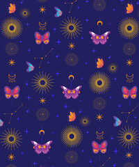 Pattern with colorful butterflies, constellations, stars, and moon phases on a dark night sky background. Ideal for textiles, wallpapers, and celestial-themed design.