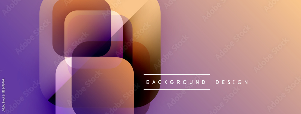 Poster abstract geometric shapes blend purple, orange hues. modern design features overlapping layers, grad