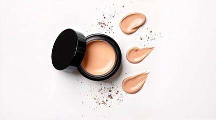 Foundation with swatches: The smooth texture of the foundation cream with elegant jar and with foundation swatches, displaying different shades for perfect skin coverage, evoking the art of cosmetics.