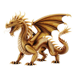Golden dragon with powerful stance and textured scales isolated transparent background