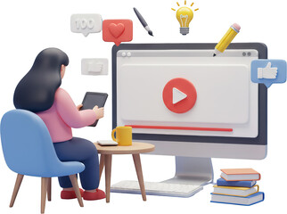 Woman using tablet watching online video on desktop computer social media icons books and stationery nearby