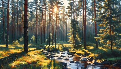 Obraz premium Sunlit forest stream serene wilderness nature photography early morning lush environment tranquility and reflection