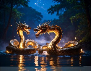 Dragons in a mystical river at night