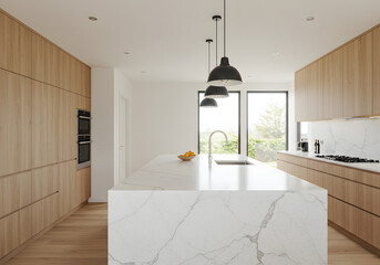 Modern Kitchen with Marble Countertop and Wood Cabinets