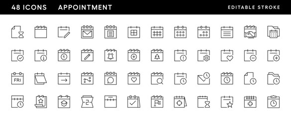 Appointment icon collection. Schedule, calendar, time, events, reminder, deadline, time management, booking, deadline and more. Editable stroke. Pixel Perfect. Grid base 32 x 32.