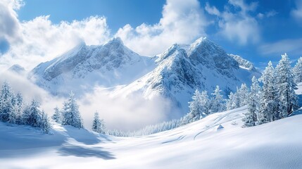 Snow-covered mountains and pine trees under a bright blue sky with clouds, creating a serene winter landscape.