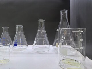 Empty clear glass laboratory beakers and Erlenmeyer flasks