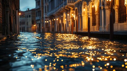 Evening view of a historic city street flooded with water, reflecting warm lights from ornate buildings along the canal.