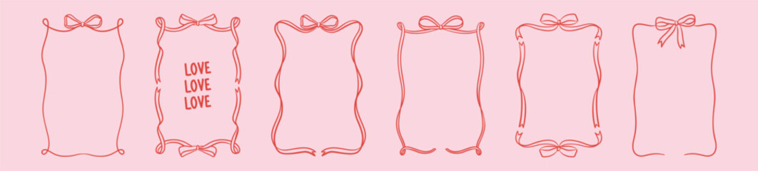 Whimsical wedding ribbon frame set. Elegant girly hand drawn bow border for invitation, menu, greetings design. Doodle wavy line art minimal vector illustrations. Vintage ink romantic elements. 
