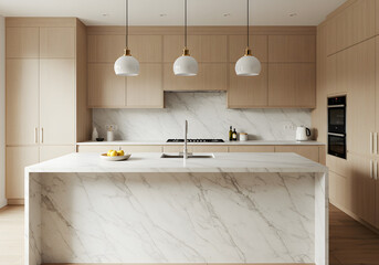 Modern Kitchen with Marble Countertop and Wood Cabinets