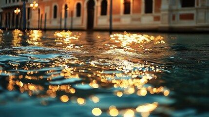 Golden lights shimmer on flooded water reflecting a historic building's illuminated facade at night.