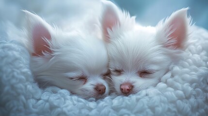 Two white puppies sleeping closely together on a soft, textured blanket, exuding warmth and serenity.