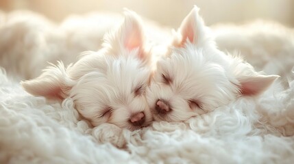 Two small white puppies peacefully sleeping close together on a soft, cozy blanket.