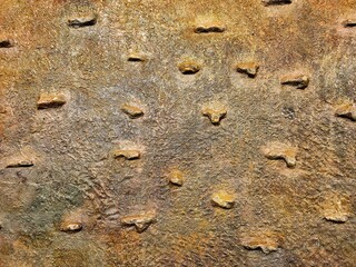 Rough textured brown wall with protruding abstract shapes