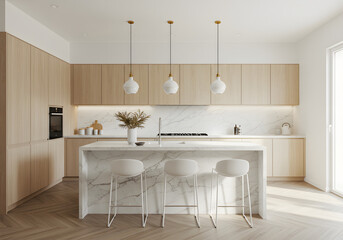 Modern Kitchen with Marble Countertop and Wood Cabinets