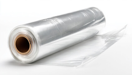 A roll of transparent polyethylene film wrap on a white background