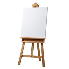 A wooden art easel with a blank white canvas standing against a transparent background in a studio setting