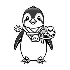 Obraz premium 和装のペンギンとおもちゃ｜Penguin in Kimono with Toy