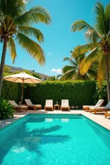 Fototapeta premium Tropical Paradise Retreat Inviting Poolside Relaxation Under Palm Trees with Comfortable Loungers and Refreshing Turquoise Water