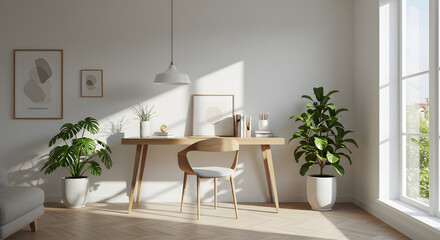 Scandinavian Home Office with Wooden Desk and Natural Light