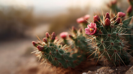 Close-up of blooming cactus in desert highlighting vibrant pink flowers
