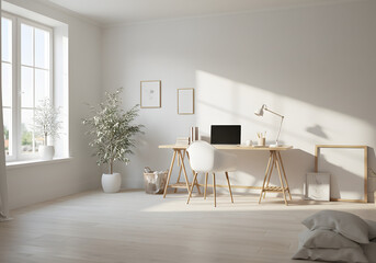 Scandinavian Home Office with Wooden Desk and Natural Light