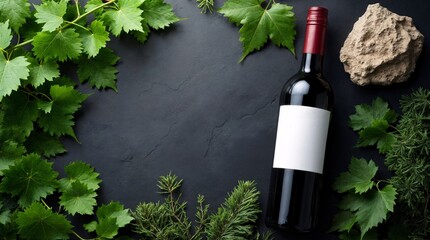 Aromatic Wine Still Life: A dark, atmospheric composition centers around a bottle of rich red wine, elegantly framed by vibrant green leaves, creating an invitation to sophistication.