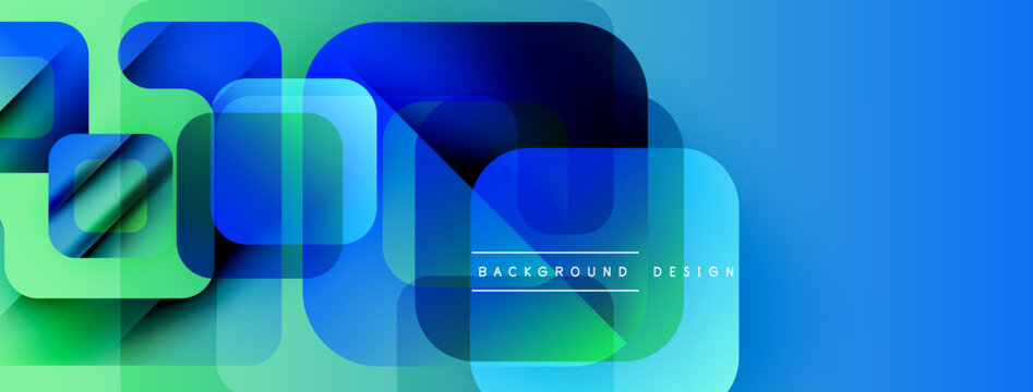 Abstract geometric shapes overlap. Vibrant blue, green hues create modern design. Smooth gradients offer dynamic visual effect.